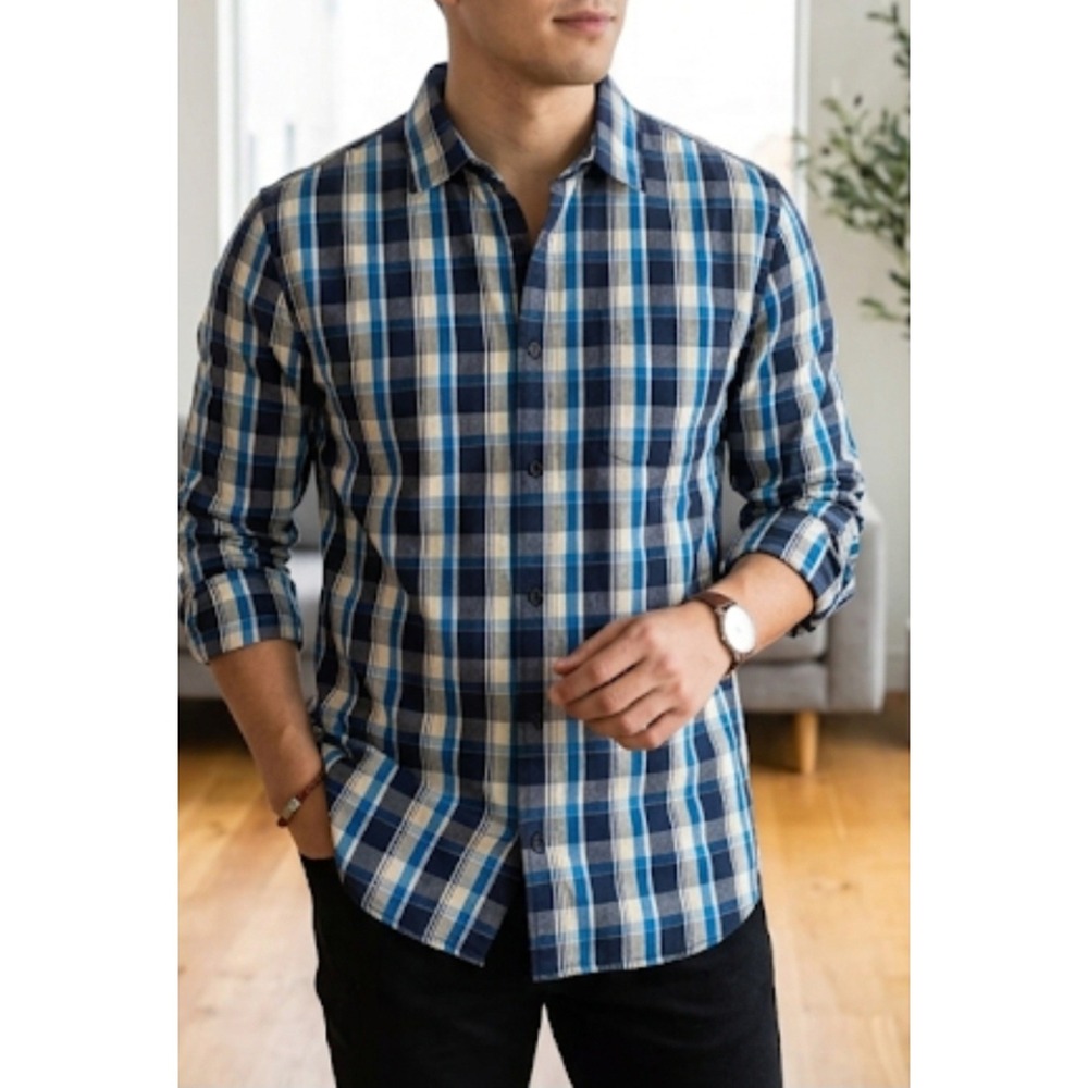 London Fog Supply Company Button Down Dress Shirt Mens Sz XL Blue Plaid Long...